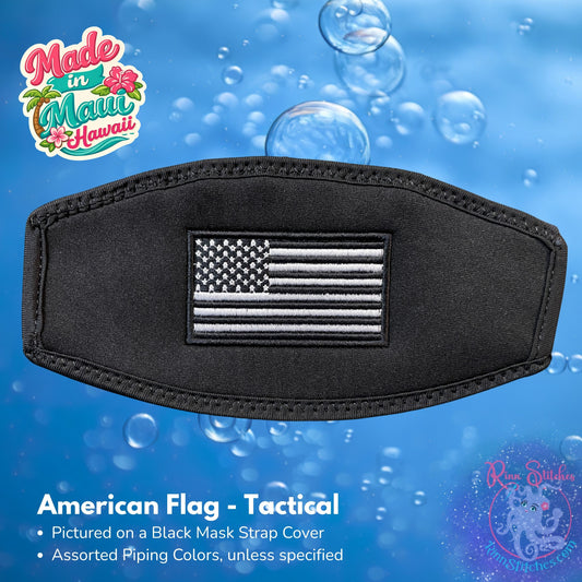 Embroidered neoprene mask strap cover featuring an American Flag in a black and white tactical style design. Made in Maui, Hawaii by Rinn Stitches