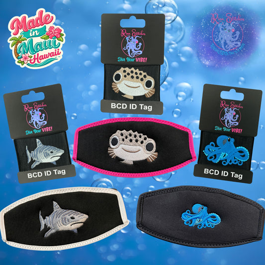 Variety of Rinn Stitches Mask Strap Covers and matching BCD Tags. Featuring our Cute Puffer, Octopus, and Tiger Shark Designs. Made in Maui, Hawaii