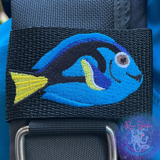 Embroidered BCD Tag with a Blue Tang Design on Black Webbing. Made for scuba divers by Rinn Stitches in Maui, Hawaii