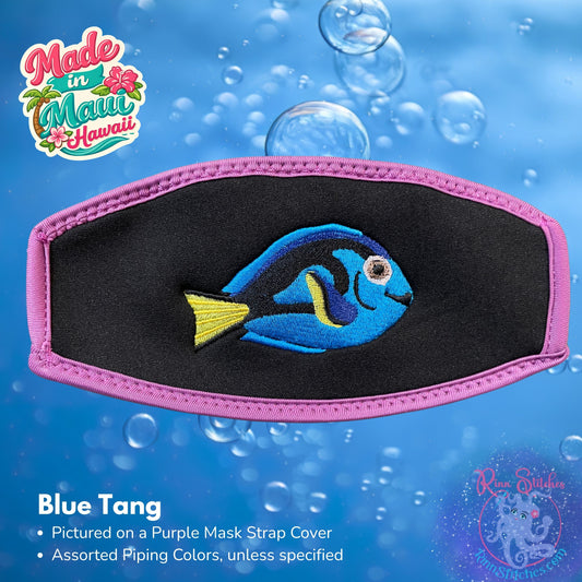 Embroidered neoprene mask strap cover featuring a blue tang reef fish design. Made in Maui, Hawaii by Rinn Stitches