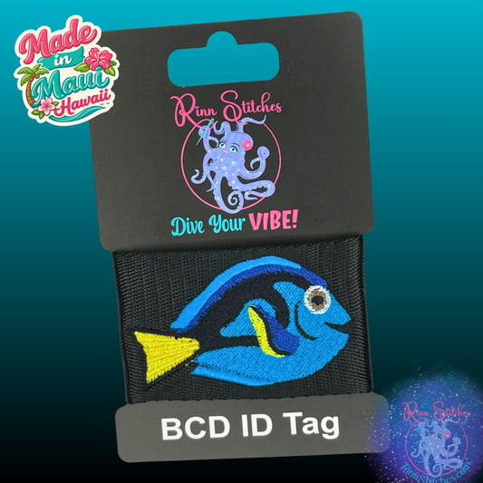 Embroidered BCD Tag with a Blue Tang Design on Black Webbing. Made for scuba divers by Rinn Stitches in Maui, Hawaii