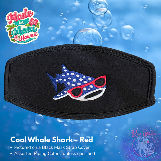 Mask strap cover with black piping featuring our cool whale shark design with red sunglasses. made by Rinn Stitches in Maui, Hawaii