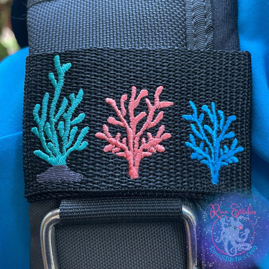 Embroidered BCD Tag Featuring a vibrant coral design inspired by the natural beauty of the reef. on Black Webbing. Made for scuba divers by Rinn Stitches in Maui, Hawaii