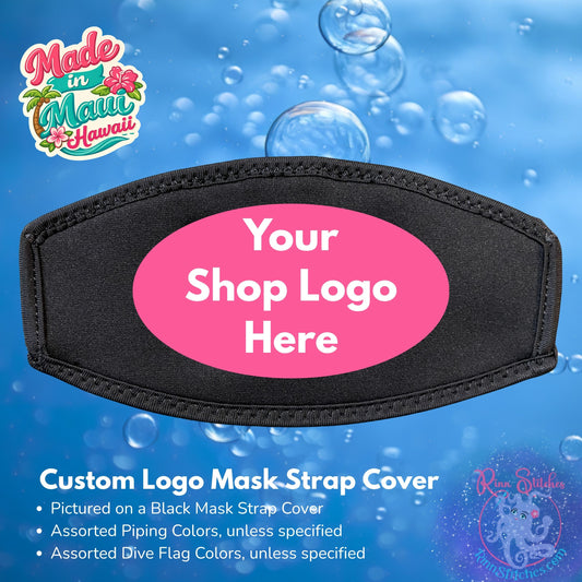 Custom Logo Mask Strap Cover with Black Piping, embroidered by Rinn Stitches in Maui, Hawaii