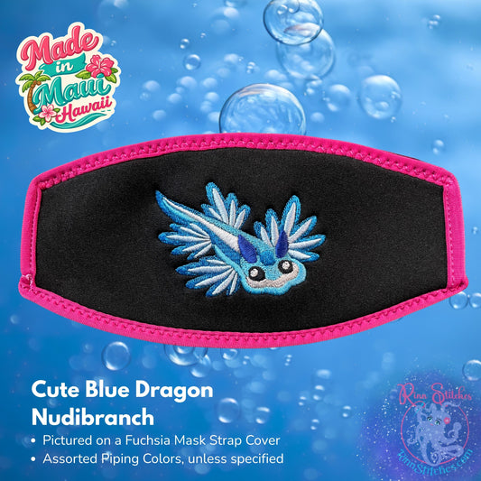 Embroidered neoprene mask strap cover featuring a cute blue dragon nudibranch design. Made in Maui, Hawaii by Rinn Stitches