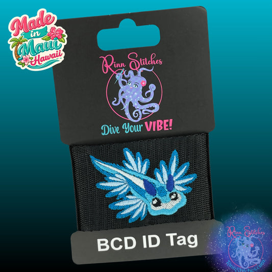 Cute Blue Dragon Nudibranch (Glaucus Atlanticus) in a fun Kawaii style embroidered on black webbing made for adventure gear and scuba BCD's by Rinn Stitches on Maui, Hawaii