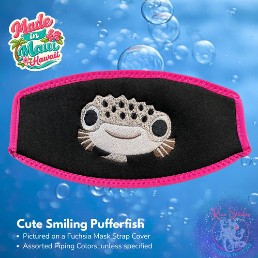 Embroidered neoprene mask strap cover featuring a cute smiling pufferfish design. Made in Maui, Hawaii by Rinn Stitches