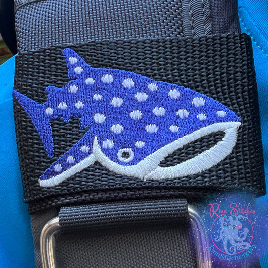 Embroidered BCD Tag Featuring an adorable whale shark design full of charm and personality on Black Webbing. Made for scuba divers by Rinn Stitches in Maui, Hawaii