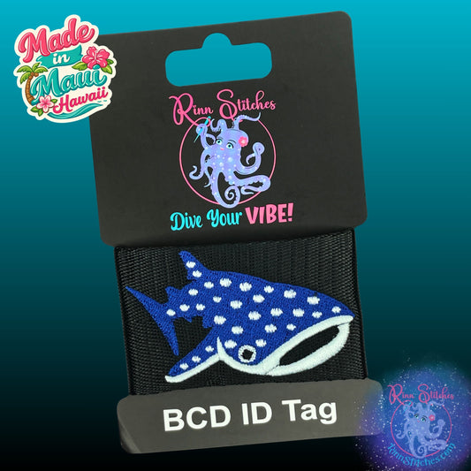 Embroidered BCD Tag Featuring an adorable whale shark design full of charm and personality on Black Webbing. Made for scuba divers by Rinn Stitches in Maui, Hawaii