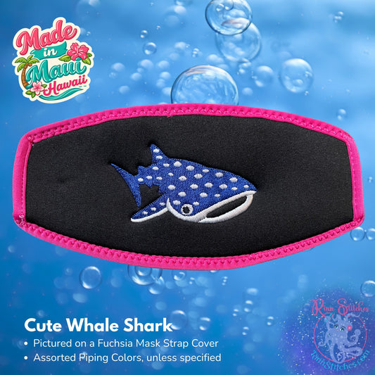 Embroidered neoprene mask strap cover featuring a cute whale shark design. Made in Maui, Hawaii by Rinn Stitches