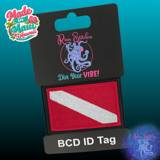 Embroidered BCD Tag with a red and white dive flag design. Made by Rinn Stitches on Maui, Hawaii