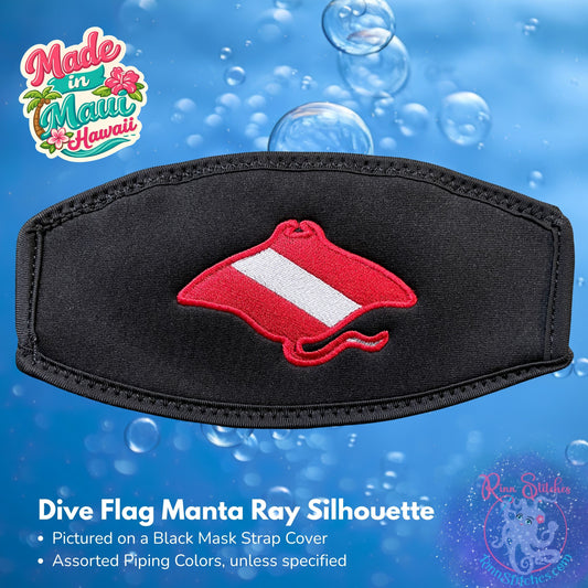 Embroidered neoprene mask strap cover featuring a red & white dive flag in the shape of a manta ray design. Made in Maui, Hawaii by Rinn Stitches