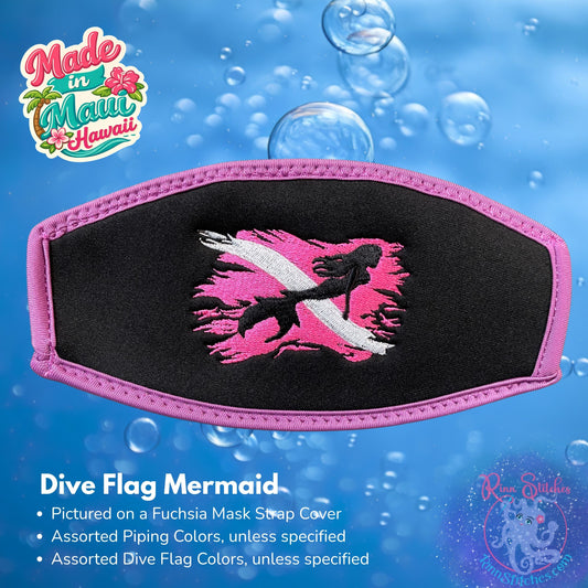 Embroidered neoprene mask strap cover featuring a neon pink tattered dive flag with a black majestic mermaid silhouette centered inside the design. Made in Maui, Hawaii by Rinn Stitches