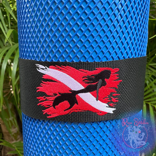 Embroidered Tank Band with a tattered dive flag and majestic mermaid silhouette in the middle. Made to fit standard 80cu scuba tanks. By Rinn Stitches on Maui, Hawaii