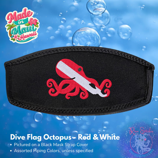 Embroidered black neoprene mask strap cover featuring a dive flag octopus design in red and white thread. Made by Rinn Stitches in Maui, Hawaii