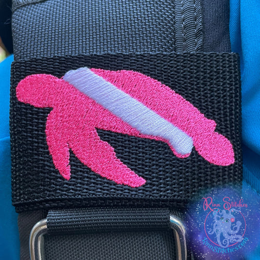 Embroidered BCD Tag with a Dive Flag in the shape of a sea turtle Design on Black Webbing. Made for scuba divers by Rinn Stitches in Maui, Hawaii