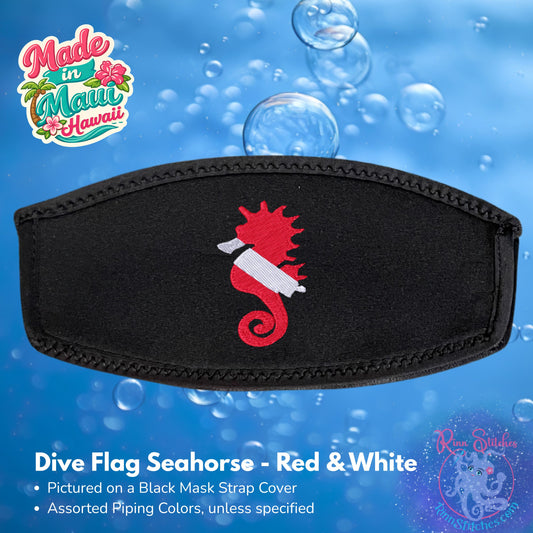 A black neoprene dive flag strap cover featuring a red and white embroidered dive flag seahorse design in the center, shown against a blue water-themed background with bubbles. The product is made by Rinn Stitches in Maui, Hawaii