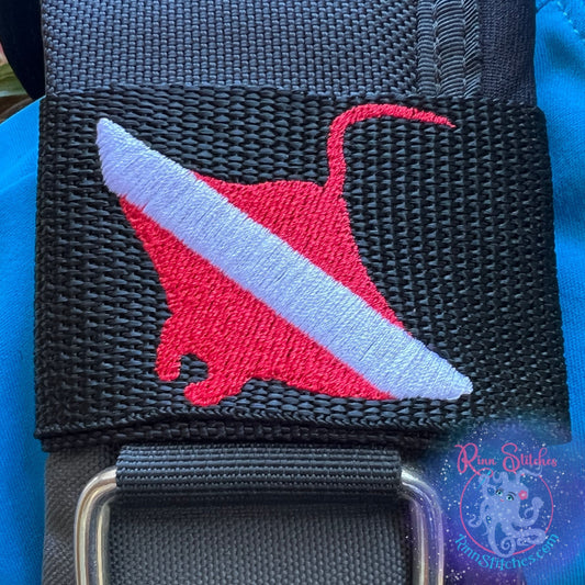 Embroidered BCD Tag with a Red & White Manta Ray Shaped Dive Flag Design on Black Webbing. Made for scuba divers by Rinn Stitches in Maui, Hawaii