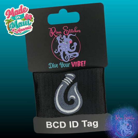 Embroidered BCD Tag Featuring a bold Maui fish hook inspired by the strength of the ocean and the spirit of adventure. Made by Rinn Stitches in Maui, Hawaii