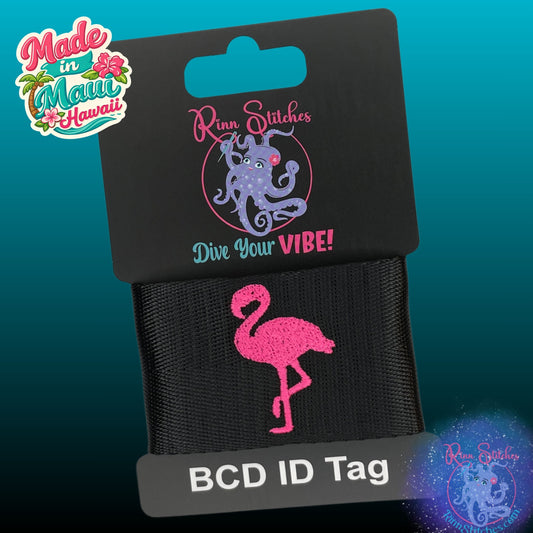 Embroidered BCD Tag featuring a neon pink flamingo design. Made by Rinn Stitches in Maui, Hawaii