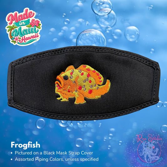 Embroidered neoprene mask strap cover featuring a yellow, orange, red, and brown frogfish design. Made in Maui, Hawaii by Rinn Stitches