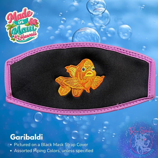 Embroidered neoprene mask strap cover featuring the California State fish, garibaldi design. Made in Maui, Hawaii by Rinn Stitches