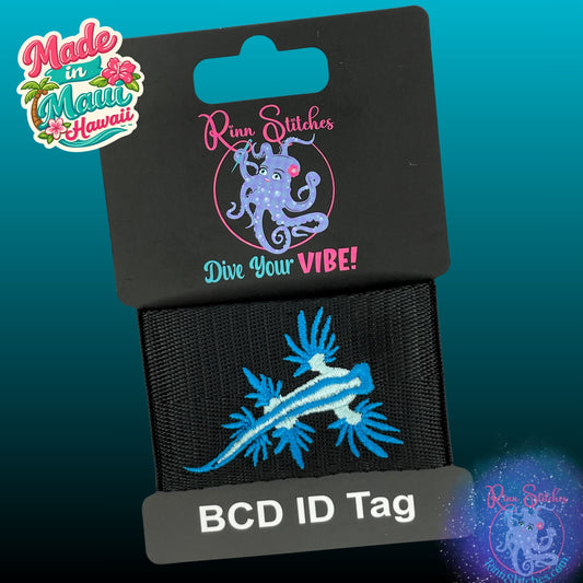 Glacus Atlanticus Nudibranch embroidered onto black webbing. BCD tag for scuba divers & adventure tag. Made by Rinn Stitches in Maui, Hawaii