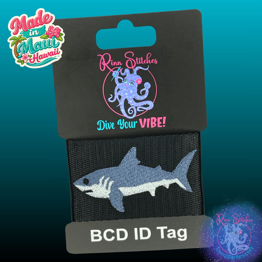embroidered great white shark design in dark gray and white thread on black webbing, BCD Tag, Adventure Gear Tag. Made by Rinn Stitches in Maui, Hawaii