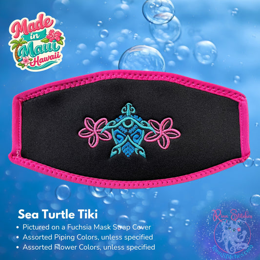 Embroidered neoprene mask strap cover featuring a tribal sea turtle tiki hybrid design. Made in Maui, Hawaii by Rinn Stitches