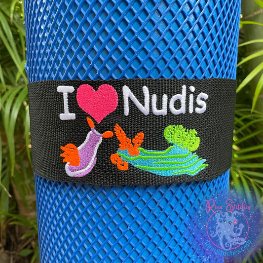 Scuba Tank Band embroidered with a fun I Heart Nudis design featuring two neon colored nudibranchs. Made by Rinn Stitches in Maui, Hawaii