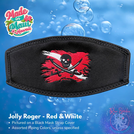 Embroidered neoprene mask strap cover featuring a Jolly Roger over a red and white tattered dive flag design. Made in Maui, Hawaii by Rinn Stitches