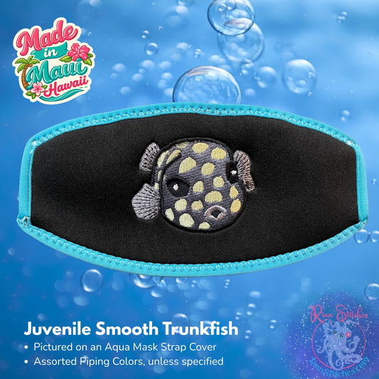 Embroidered neoprene mask strap cover featuring an adorable juvenile smooth trunkfish design. Made in Maui, Hawaii by Rinn Stitches