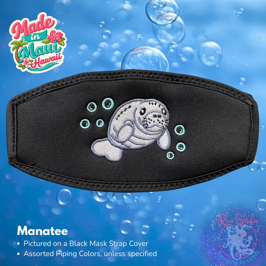 Embroidered mask strap cover featuring a manatee with bubbles. Made by Rinn Stitches on Maui, Hawaii