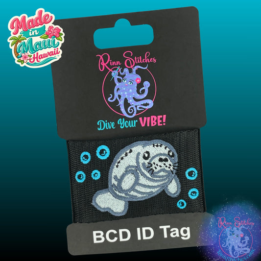 Embroidered BCD Tag featuring a Manatee and fun bubbles design, made by Rinn Stitches on Maui, Hawaii