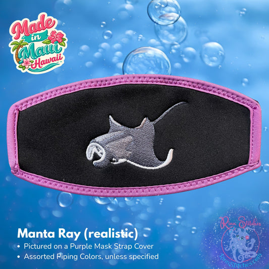 Embroidered neoprene mask strap cover featuring a manta ray design. Made in Maui, Hawaii by Rinn Stitches