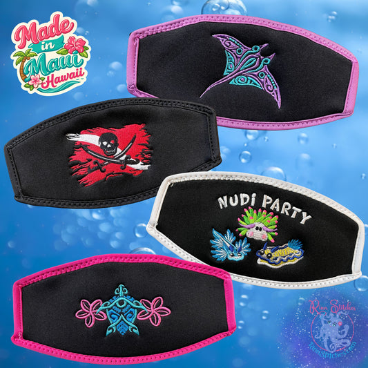 Embroidered mask strap covers made by Rinn Stitches in Maui, Hawaii. Featuring a tribal manta ray, jolly roger, nudi party, and sea turtle tiki designs.