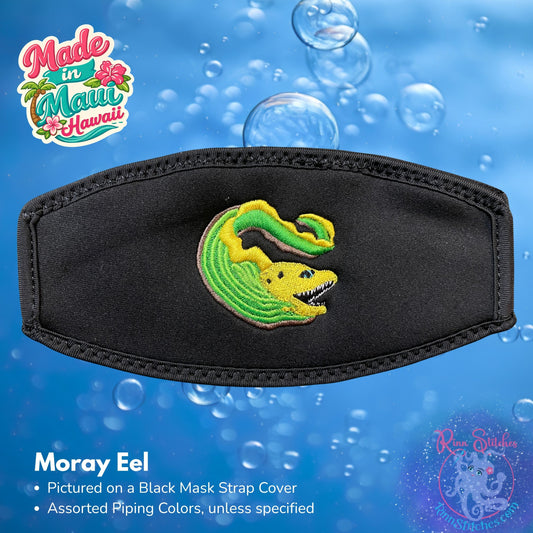 Embroidered neoprene mask strap cover featuring a green moray eel design. Made in Maui, Hawaii by Rinn Stitches