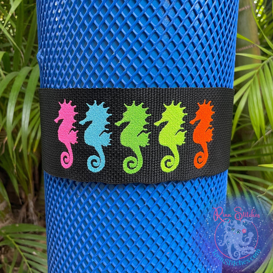Embroidered Tank band with vivid neon seahorses. Made by Rinn Stitches in Maui, Hawaii