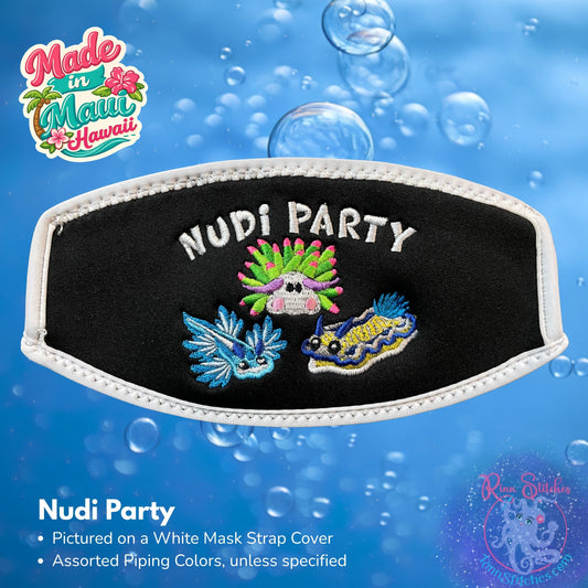 Embroidered neoprene mask strap cover featuring a Nudi Party design with three bright neon colored nudibranchs. Made in Maui, Hawaii by Rinn Stitches