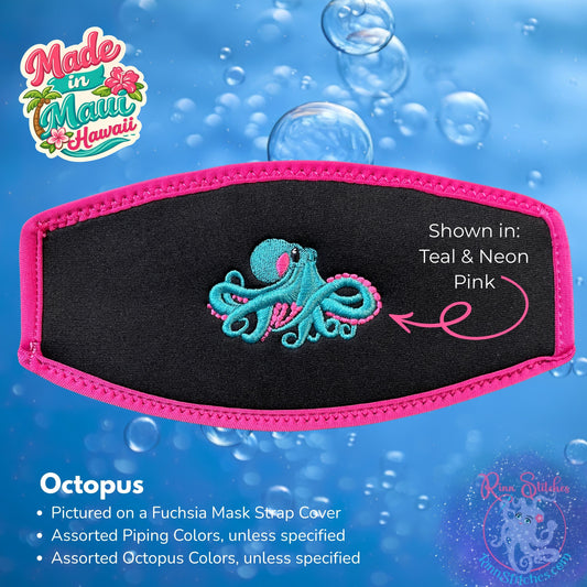 Embroidered neoprene mask strap cover featuring an octopus design with 3D embroidered effects. Made in Maui, Hawaii by Rinn Stitches