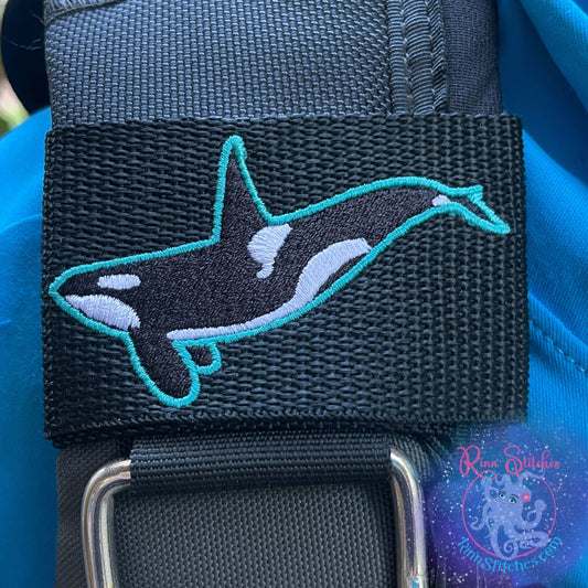 Embroidered BCD Tag Featuring a bold orca design inspired by its powerful and iconic presence on Black Webbing. Made for scuba divers by Rinn Stitches in Maui, Hawaii