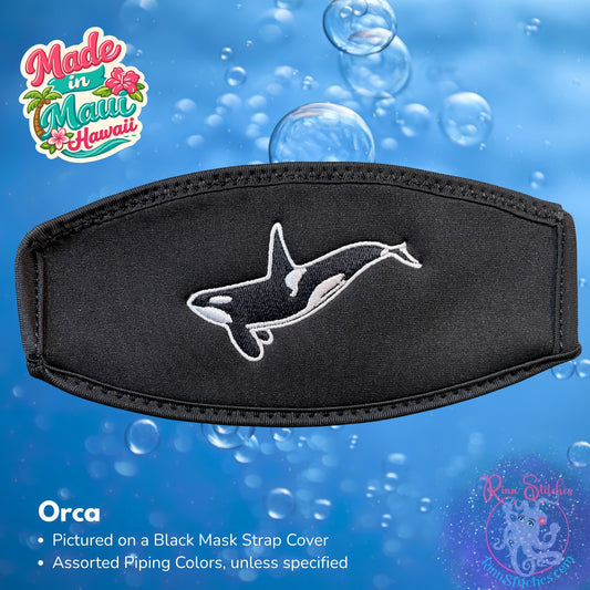 Embroidered neoprene mask strap cover featuring a bold Orca design. Made in Maui, Hawaii by Rinn Stitches