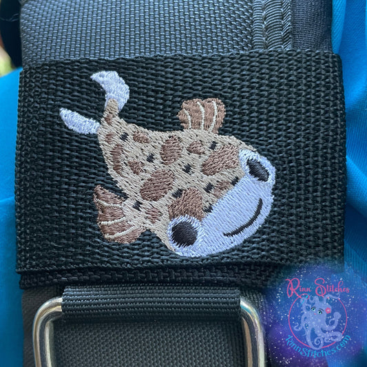 Embroidered BCD Tag Featuring a playful full-body pufferfish design that brings a fun, lively vibe on Black Webbing. Made for scuba divers by Rinn Stitches in Maui, Hawaii