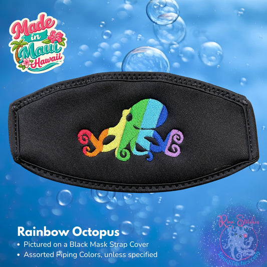 Embroidered neoprene mask strap cover featuring a bright rainbow octopus design. Made in Maui, Hawaii by Rinn Stitches