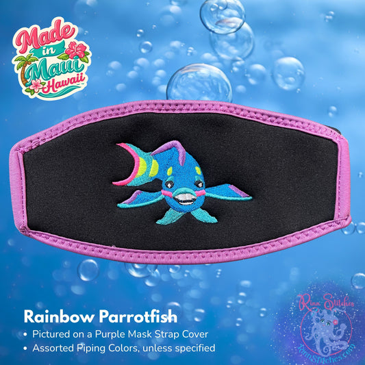 Embroidered neoprene mask strap cover featuring a rainbow parrotfish design. Made in Maui, Hawaii by Rinn Stitches
