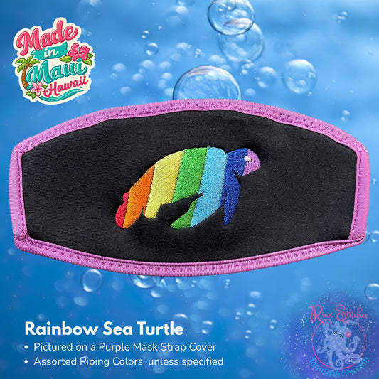 Rainbow sea turtle design embroidered on a purple mask strap cover by Rinn Stitches in Maui, Hawaii
