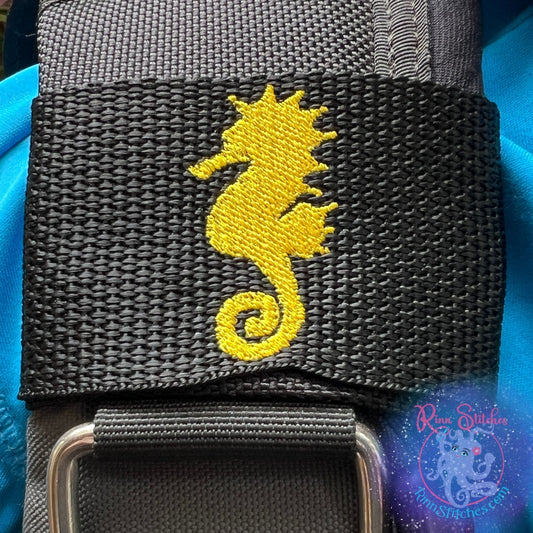 Embroidered BCD Tag Featuring a clean, solid-color seahorse design with a sleek and timeless look on Black Webbing. Made for scuba divers by Rinn Stitches in Maui, Hawaii