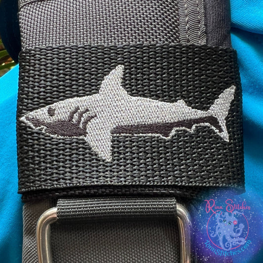 Embroidered BCD Tag featuring a dark shark Design on Black Webbing. Made for scuba divers by Rinn Stitches in Maui, Hawaii
