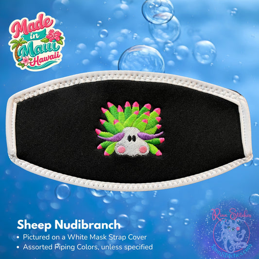 Black mask strap cover with sheep nudibranch design on a blue underwater background, Made in Maui Hawaii by Rinn Stitches