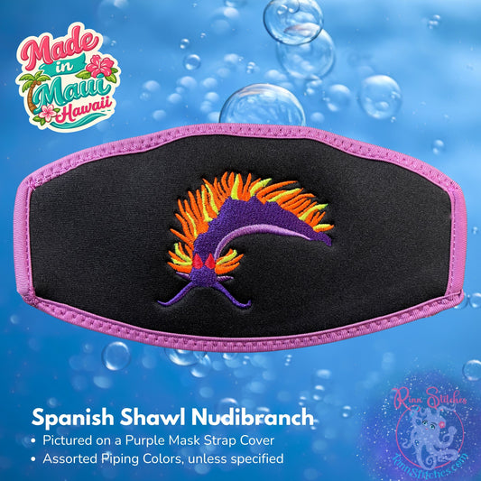 Embroidered neoprene mask strap cover featuring a spanish shawl nudibranch design with two bright neon colored nudibranchs. Made in Maui, Hawaii by Rinn Stitches